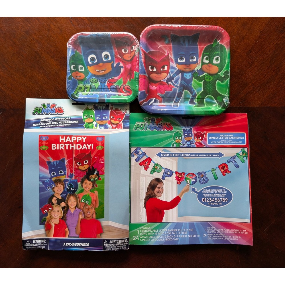 PJ Masks Birthday Party Supplies Bundle Banner Plates Backdrop Photo Props NEW